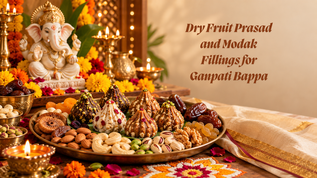 Ganesh Chaturthi dry-fruit modaks with premium nuts and festive decor.
